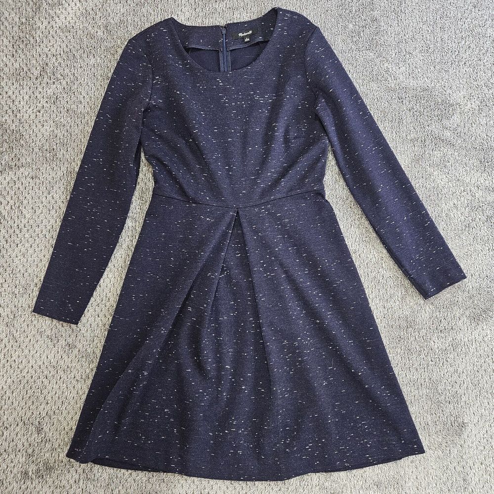Madewell Dress Womens 0‎ Navy Long Sleeve Pleated A-Line Gia Marled Concept
